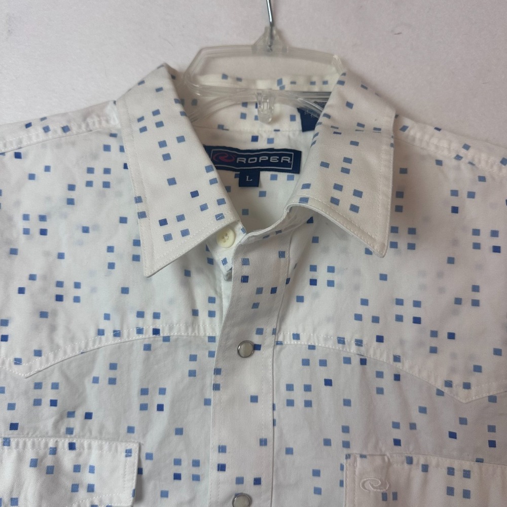 Roper Mens Large White Blue Geometric Square Snap Front Western Cowboy Shirt L